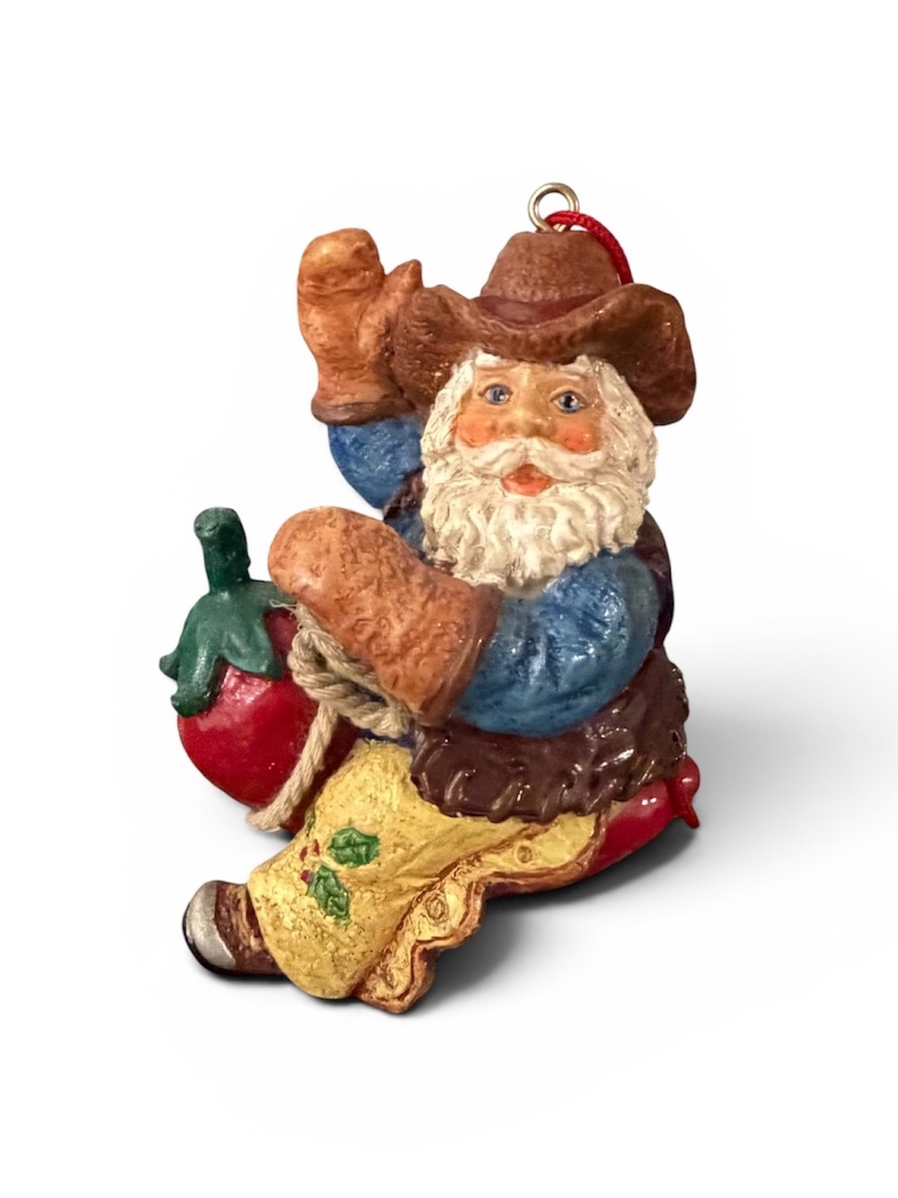 Vintage Western Cowboy Lasso Santa Claus Hot Chili Pepper Christmas Ornament
